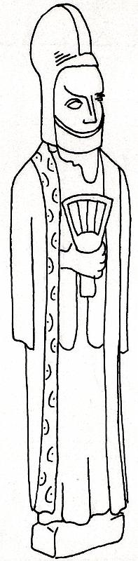 Würdenträger (Goldfigur)T29A2.jpg - Diese offenbar hochgestellte Persönlichkeit mit Lotos (sog. Magier) trägt zum 'elamitischen' Schreitgewand den medischen Mantel sowie die medische Tiara mit aufrechtem Kamm .